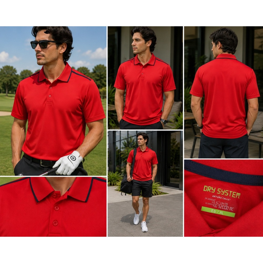 Arturo Calle Dry System Mens XL Red Golf Polo Navy Trim Short Sleeve AC13470